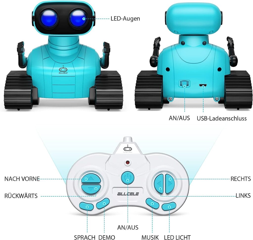 ALLCELE Robot Childrens Toy, Rechargeable Remote Control Robot Toy with LED Eyes Music and Interesting Sounds for Ages 3 4 5 6 7 8 Years Boys and Girls Gift - Blue